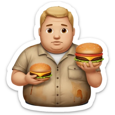 fat man with a shirt that doesn't fit him and has grease stains, holding a burger sticker
