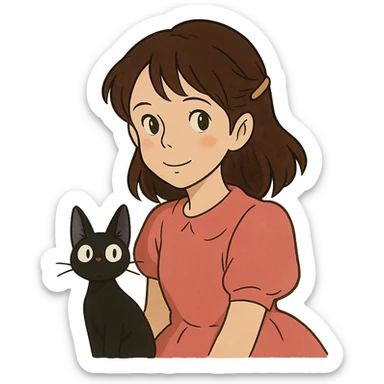ghibli style character with dark brown hair clipped back with a hairpin, sweet eyes, pink dress, cat companion sticker