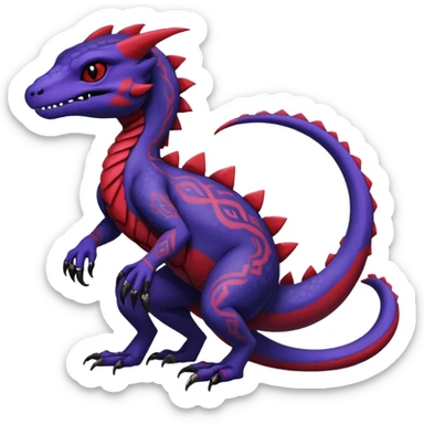 Rare warm-colored exotic gloomy tropical edgy cute epic aesthetic spooky indigo purple white black red gothic colorful Salandit-charmeleon-sergal-species-Fakemon-hybrid-creature, with tribal tattoo markings, full body sticker