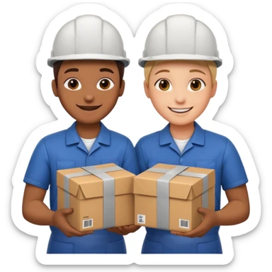 create a realistic emoji of two working packaging workers switching positio sticker