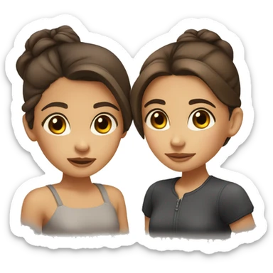 two girls are kissing, one of them has light skin, brown eyes, dark brown hair in a bun, the other has light skin, gray eyes and long brown loose hair sticker