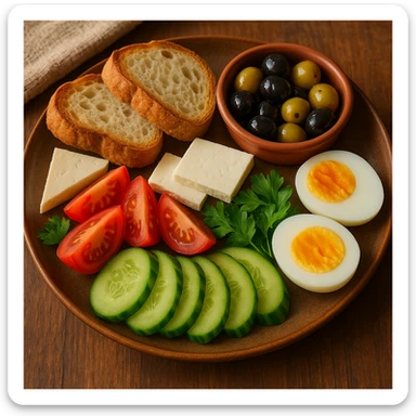 a warm and inviting Turkish breakfast plate filled with cheese, olives, tomatoes, cucumbers, eggs, and slices of bread, beautifully arranged sticker