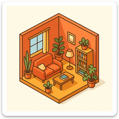 apartment interior isometric, cozy style, warm lighting, lots of plants sticker