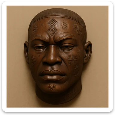 Modify this Mwana Pwo mask to a male Cokwe mask, a classic African mask with a strong masculine face, smooth wood texture, and cultural symbolism. Use a minimal background to keep the focus on the mask. sticker