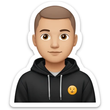 Latino man with light brown warm skin, round face, full cheeks, soft jaw, slight friendly smile, very very short almost buzz cut hair, medium eyebrows, medium eyes, straight nose, medium lips, wearing black hoodie with white logo, practical and hardworking vibe sticker