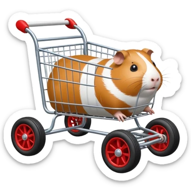 Special air-cooled three-cylinder race car whose frame and suspension is made of shopping cart material with a large rear-mounted gas tank, and rear spoiler, is being raced by a small Guinea pig sticker