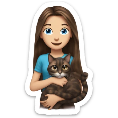 Long haired brunette blue eyed girl holding a long haired tortishell cat sticker