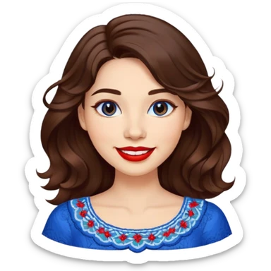 Cheerful woman with clear skin, round face, wide friendly smile, big light brown eyes, vibrant red lipstick, shoulder-length wavy dark brown hair, white top with blue embroidery and electric blue neckline sticker