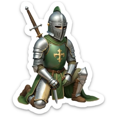 A lone medieval knight in a green worn armor kneels. His helmet is closed, hiding his face, conveying silence, exhaustion and contemplation. A long sword is planted in the ground beside him, its hilt resting near his gloved hands as if he is praying or resting after battle. sticker