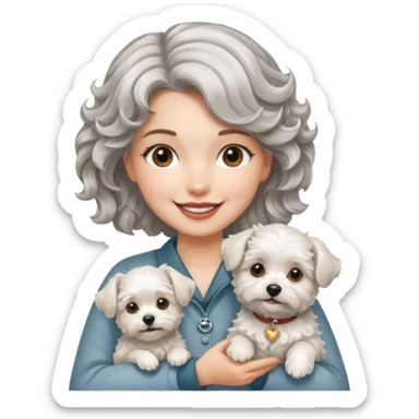 silver, short, wavy-haired with loose curls, smiling pretty lady holding a westie dog and a lhasa apso dog sticker