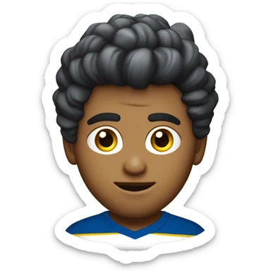 crea un chico con el pelo con ondas semi largo blanco, con la camiseta de boca juniors y que tenga grandes ojos y pequeña nariz y con cejas gruesas sticker