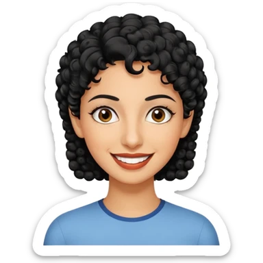 30 year old iranian woman very short curly black hair, big brown eyes, tanned skin, big smile, white teeth, pretty, stylish, shorter hair, boy cut hair sticker