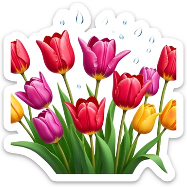 Tulips – Cinematic Realistic Tulips, depicted as a vibrant field of blooming tulips in brilliant hues, each delicate petal catching dewdrops under soft, natural spring light, rendered with detailed textures and a dreamy, picturesque glow. sticker