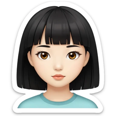Asian girl with fair skin, brown eyes with long eyelashes, short black hair and bangs sticker