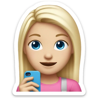 a white blond hair girl with blue eyes wearing a pink shirt holding a pink cell phone sticker