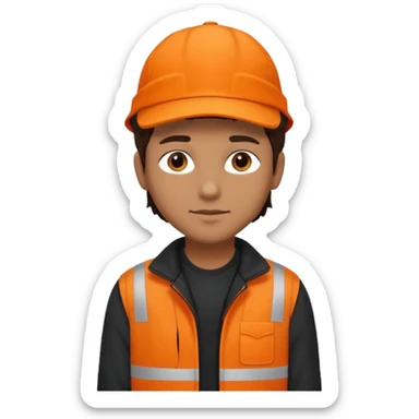 Kindly Keyin (male) with dark brown hair, orange cap and shirt, black jacket sticker