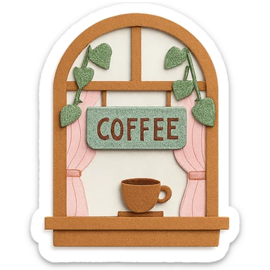 cute coffee shop window with leafy vines and pastel curtains, hand-drawn style sticker