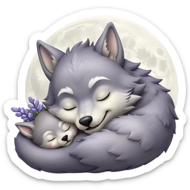 Meme-Worthy Cute Sleeping Werewolf Portrait Emoji, with a cuddly, miniature lupine form in soft moonlit grays and silvers, head resting peacefully with gently closed dreamy eyes and a small, content smile, simplified yet irresistibly endearing, highly detailed with a soft glowing outline that captures the cozy, sleepy essence of a werewolf after frolicking under the full moon! sticker