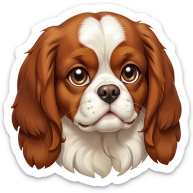 Cinematic Grumpy Blenheim Cavalier King Charles Spaniel Portrait Emoji, Head tilted slightly with a deeply unimpressed expression, thick Blenheim coat with pronounced chestnut and white markings, large, droopy brown eyes narrowed into an unamused glare, ears slightly drooping in exasperation, Simplified yet comically expressive features, highly detailed, glowing with a dry, sarcastic glow, high shine, effortlessly judgmental yet dignified, stylized with a touch of cynicism, bright but brooding, soft glowing outline, capturing the essence of an eternally unimpressed yet endearing companion, so lifelike it feels like it could sigh heavily at you in disdain at any moment! sticker