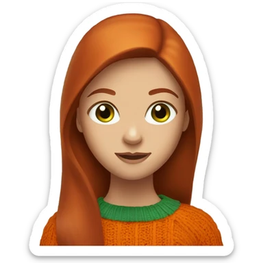 A dark redhead with straight long hair, a girl with green eyes in an orange sweater sticker