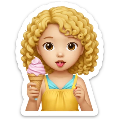 a little asian girl kid with curly hair, yellow dress, eat ice cream sticker