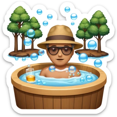 man in hot tub with wood hot tub sticker