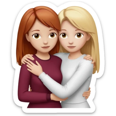 two girls who hug eachother. one has auburn hair with blonde highlights and very pale skin , other has medium-fair skin and blonde hair. girl with auburn or dark blonde hair is wearing a white outfit and girl with blonde hair is wearing a burgundy outfit sticker