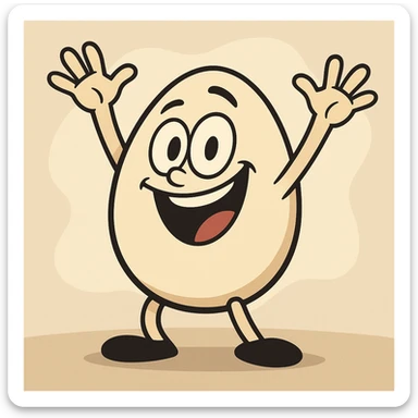 an egg mascot with hands in the air, joyful, flat illustration style sticker