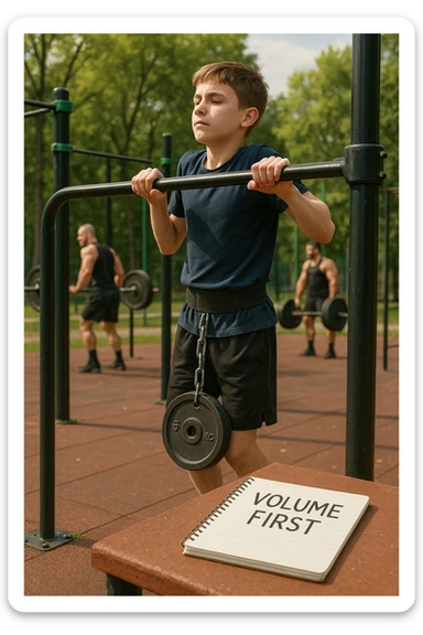 Atleta neofita giovane in un parco attrezzato per streetlifting, fisico ancora in fase iniziale. È intento a eseguire molte ripetizioni di esercizi a corpo libero con pesi leggeri (zavorra moderata), come trazioni e dip su parallele. Accanto a lui un taccuino di allenamento con la scritta 'Volume First'. L’atmosfera è luminosa e motivante, con altri atleti più muscolosi che sollevano carichi pesanti, ma lui è concentrato sul gesto tecnico e sulla costanza. Stile realistico, colori naturali, messaggio educativo su priorità all’adattamento progressivo e al volume. sticker