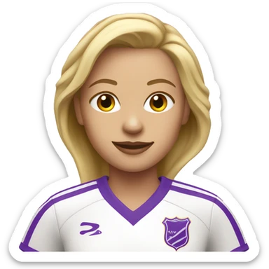 a blonde woman in a white soccer jersey with purple pinstripes going down sticker