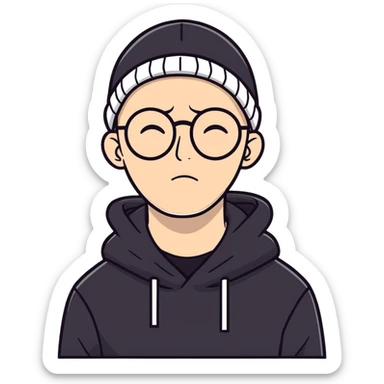 bald white guy with glasses, wearing a black beanie, black hoodie, sad expression, left on delivered text sticker