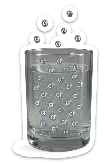 un bicchiere di acqua fluttua in aria realistico e dettagliato, dentro l'acqua del bicchiere ci sono particelle di cloro ben visibili con la scritta "Cl" sopra, ci sono particelle anche che escono dal bicchiere e fluttuano in aria verticalmente, mentre alcune sono all'interno dell'acqua nel bicchiere, iperrealistico 4k sticker