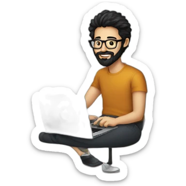Designer with black hair, beard and glasses working with MacBook and drinking cappuccino  sticker