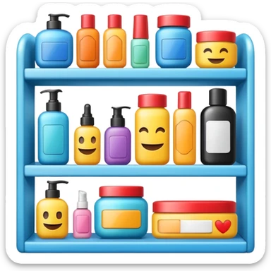 emoji of front view beauty product shelf with last item with brand label sticker