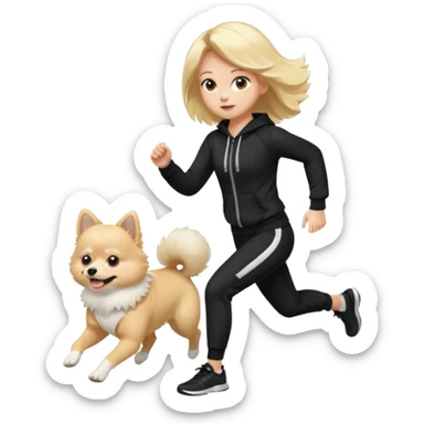 Blond Girl with black Jogging Outfit run with white pomeranian sticker