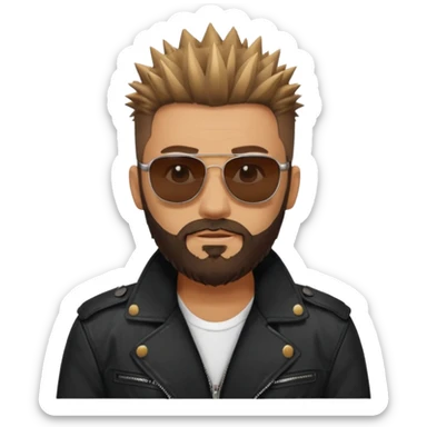 biker gang with sunglass and rugged guy bearded spicks hair black jacket sticker