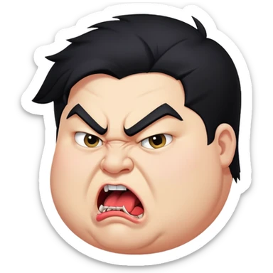 chubby young angry man in profile view with black hair, sharp fangs, crossed eyes, exaggerated long tongue sticking out sticker