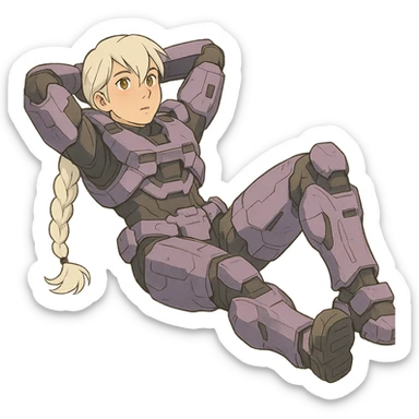 female, wearing reach spartan armor shoulder-unequip, long white braid hair with massive messy front side single bangs, gold yellow eyes, attention pose, HALO:series, no helmet, the armor is lavender color scheme, laying back and relaxing flat on the ground sticker