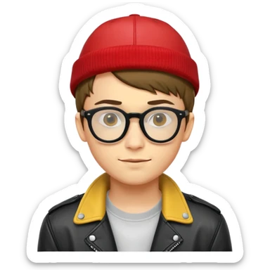 con trai 20 tuổi, da vàng, tóc ngắn màu nâu, đội mũ màu đỏ, đeo kính màu đen, khoác áo da màu đỏ, nụ cười nhếch mép sticker