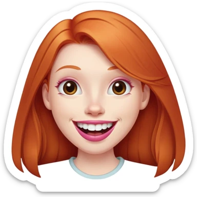 Young girl with pale skin, longer face, full pink lips smiling with big teeth, very long straight ginger red hair (no blonde at all), big brown eyes, bigger nose, big mouth sticker