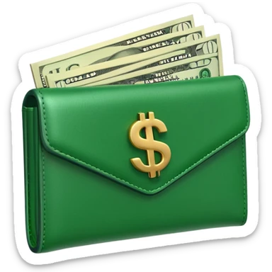 Rich emoji style green leather wallet with dollar bills, luxury money vibe, premium 3D emoji, ultra clean, high detail, no background sticker