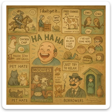 ghibli style wall of jokes, a detailed and whimsical wall covered with various humorous illustrations and jokes in ghibli style sticker