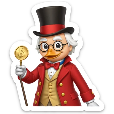 A detailed emoji of Scrooge McDuck, the iconic Disney character, wearing his signature top hat, round glasses, and red coat. He has a stern yet comical expression, holding a large gold coin in one hand and a cane in the other. The background is a sub sticker