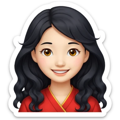 smiling Chinese girl, long wavy black hair, black eyes, emoji style sticker