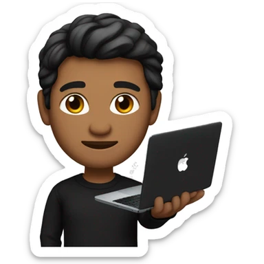     memoji of a man with a laptop in front, apple-style,modern,dark hair,black sweater,computer in hand, srilankan brown skin, an avatar image gonna be round  sticker