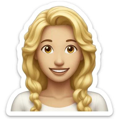 a beautiful woman, in the representation of the One who loves God, has a big smile, stares at the camera in front of her, her hair is blond and long sticker