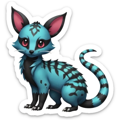 Rare beautiful pretty realistic handsome exotic cute epic aesthetic gothic colorful Salandit-Eevee-Civet-species-Fakemon-hybrid-creature, with markings, full body sticker