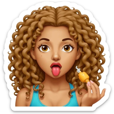 a mixed girl with long curly hair sticking her tongue out with spit sticker