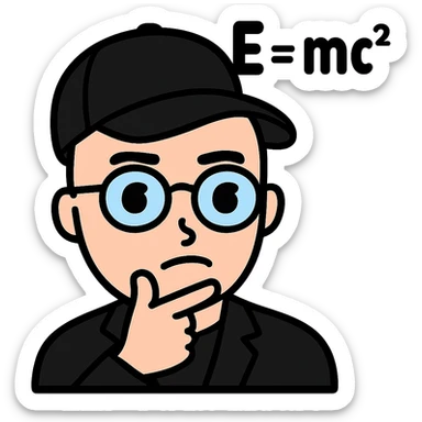 Add a baseball cap to the bald man with glasses and math equations over his head, thinking expression. Keep the background transparent. sticker