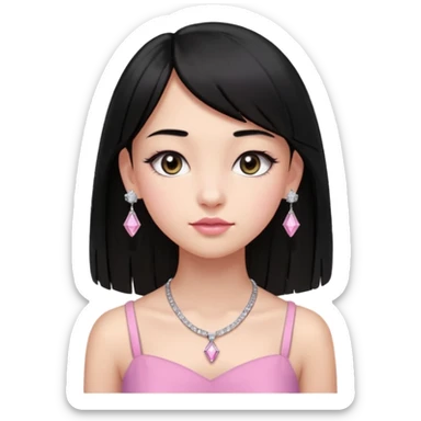 Cabelos pretos longos lisos ,com franja curvada  na altura do queixo .olhos pretos puxadinho para cima. Cílios longos curvados. Pele clara ,nariz pequeno ,lábios carnudos ,adolescente 16 anos ,vestido rosa de alça, colar pequeno prata ,brinco de diamante pequeno  sticker